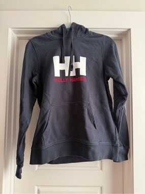 Helly Hansen Navy Pullover Hoodie with White Logo and Red Text